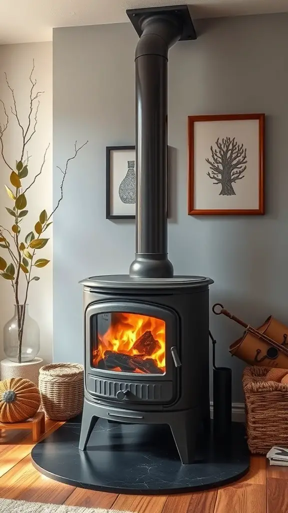 A stylish black wood stove with flames, set against a blue wall and surrounded by decorative elements.