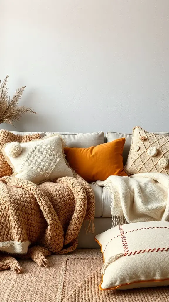 A cozy living room with layered fabrics and warm earthy tones, featuring knitted throws and decorative pillows.