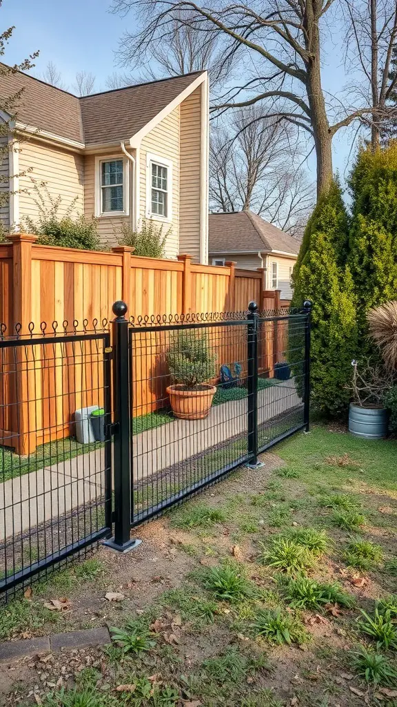 A backyard with a combination of wooden and metal fencing, providing a safe area for dogs.