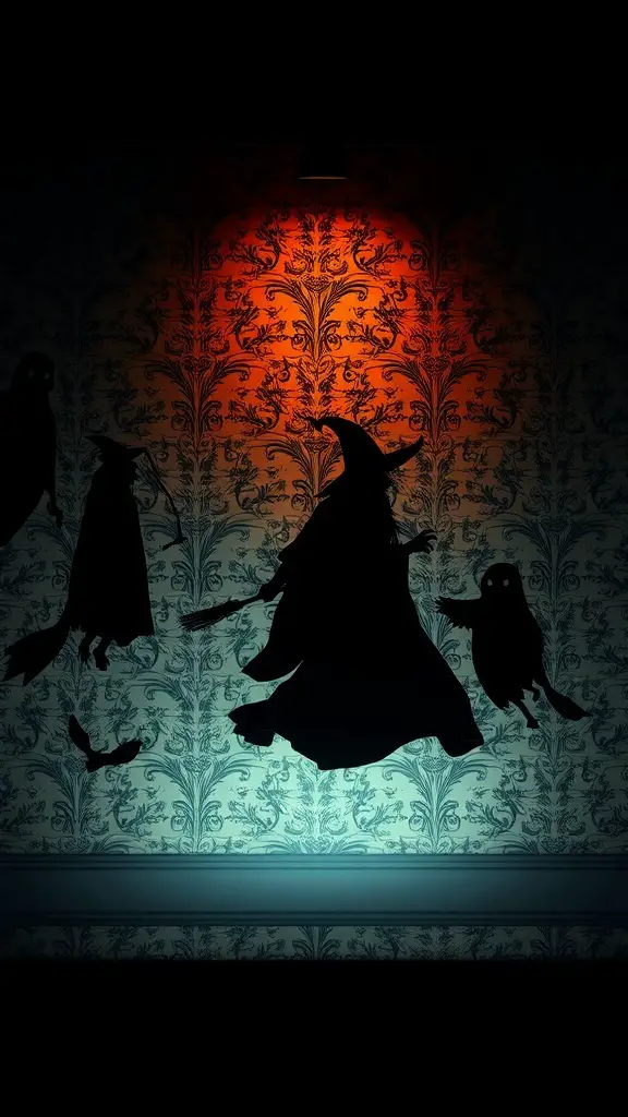 27+ Enchanting Vintage Halloween Decorations to Elevate Your Spooky Season 7 Silhouettes of a witch and ghost against a patterned wall, creating a spooky atmosphere.