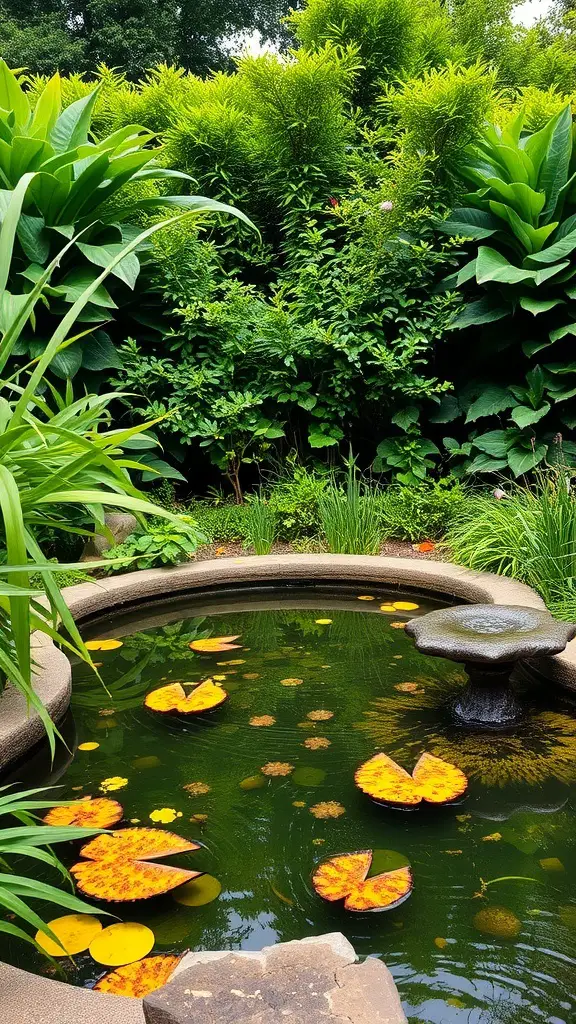 A serene pond with lily pads surrounded by lush green plants