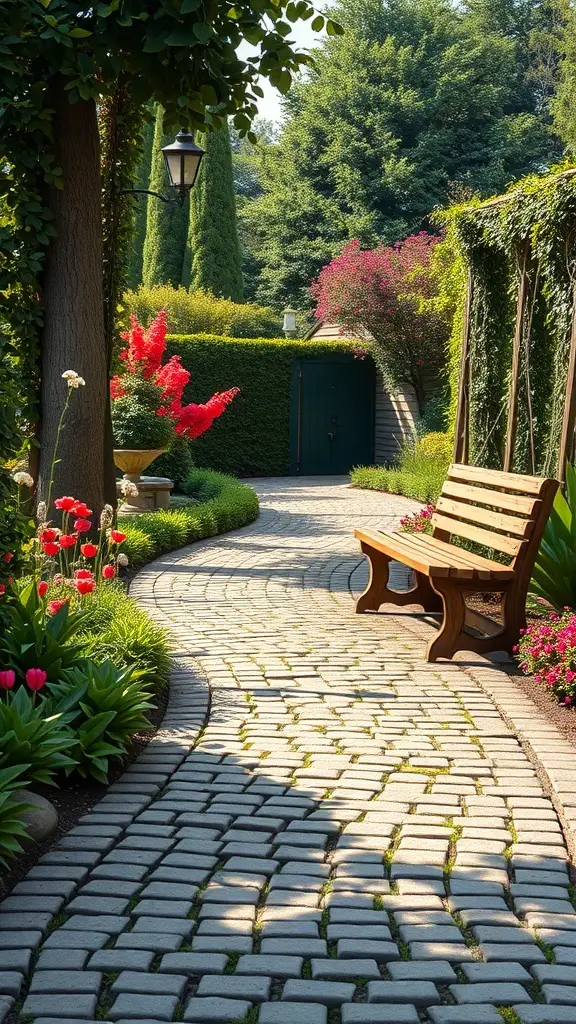 23+ Creative Garden Path Ideas for a Stunning Outdoor Journey 9 A charming cobblestone path winding through a garden with flowers and a bench.