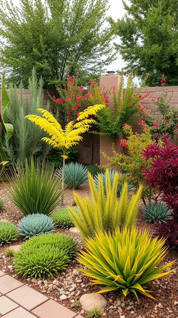 A colorful low maintenance garden featuring various plants and stones.