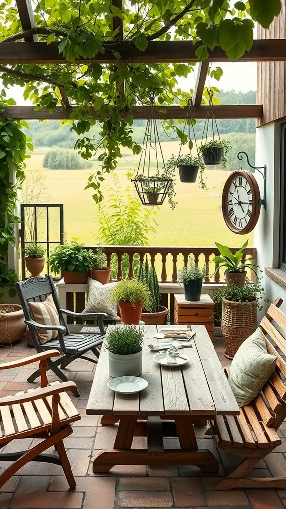 17 Stylish Patio Furniture Layout Ideas for Your Outdoor Space 11 A rustic patio with wooden furniture, potted plants, and a peaceful view.