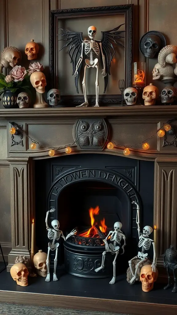 27+ Spooktacular Halloween Fireplace Decor Ideas You Need to Try 13 A Halloween fireplace decorated with skeletons and skulls, featuring a cozy mantle and warm candlelight.