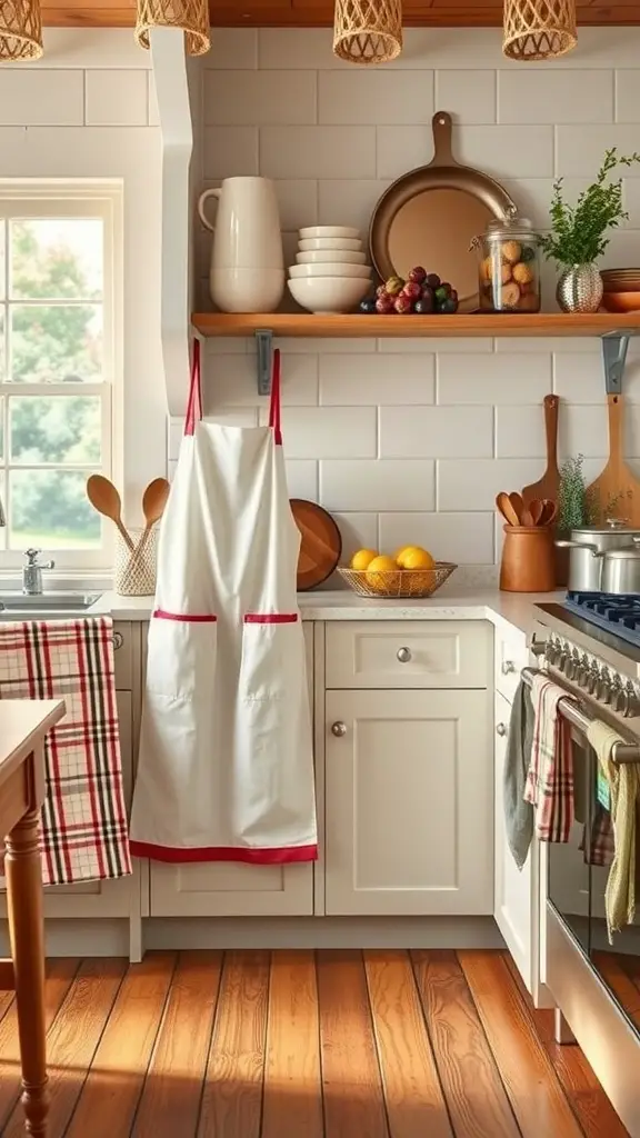 A cozy kitchen featuring a white apron with red trim, plaid dish towels, wooden utensils, and fresh fruits on display.
