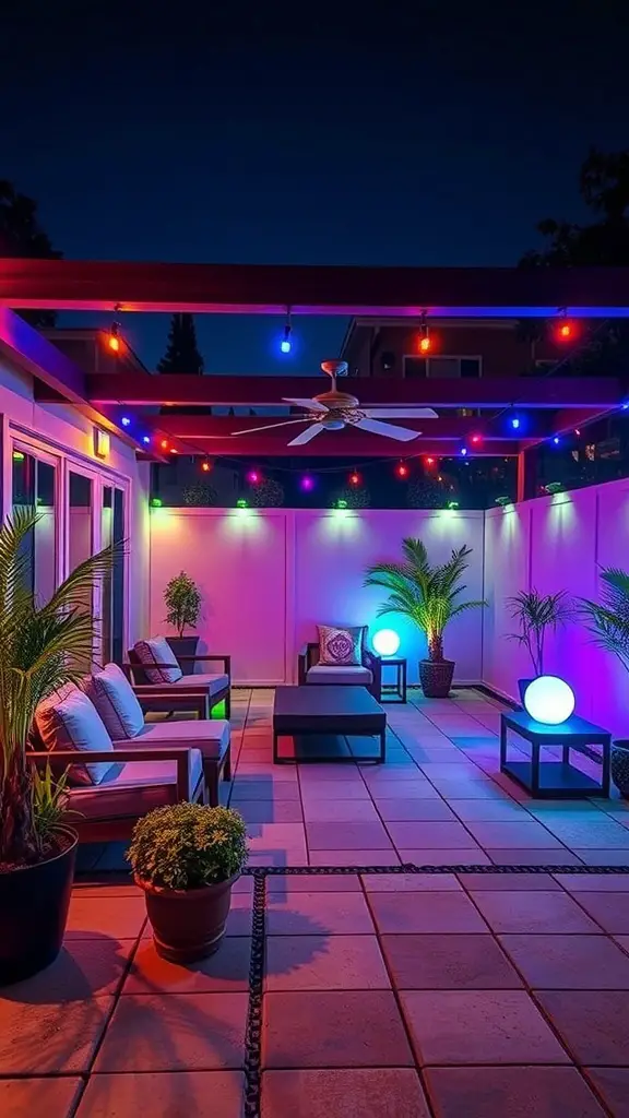 Colorful smart LED outdoor lighting in a cozy patio setting