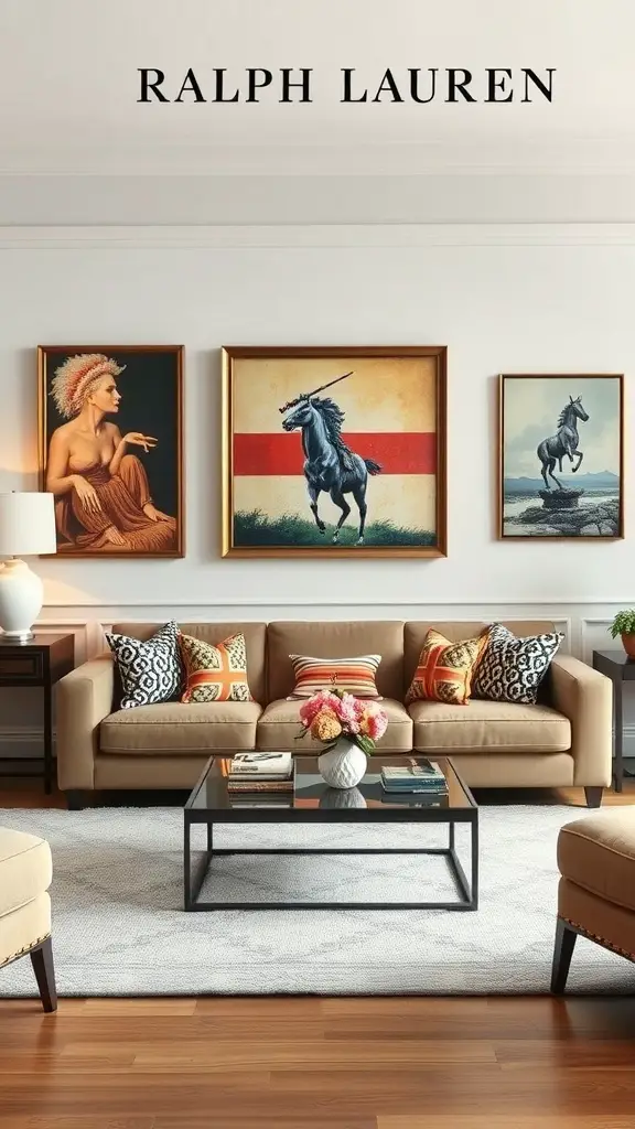 25+ Stunning Ralph Lauren Living Room Ideas for a Classic Makeover 7 A stylish living room with artistic wall decor featuring framed paintings and elegant furniture.