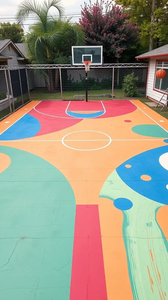 25+ Inspiring Backyard Basketball Court Ideas 14 Colorful backyard basketball court with abstract designs