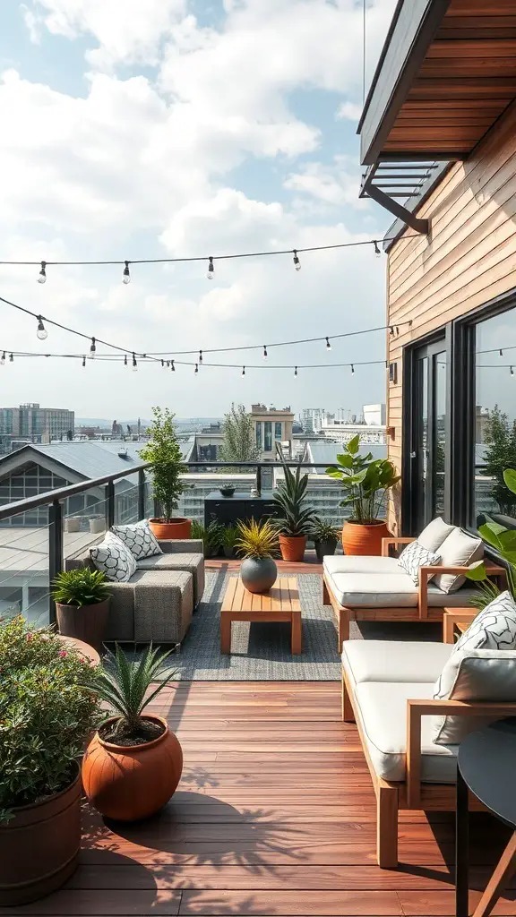 A stylish outdoor lounge area with wooden decking, comfortable seating, and potted plants, illuminated by string lights.