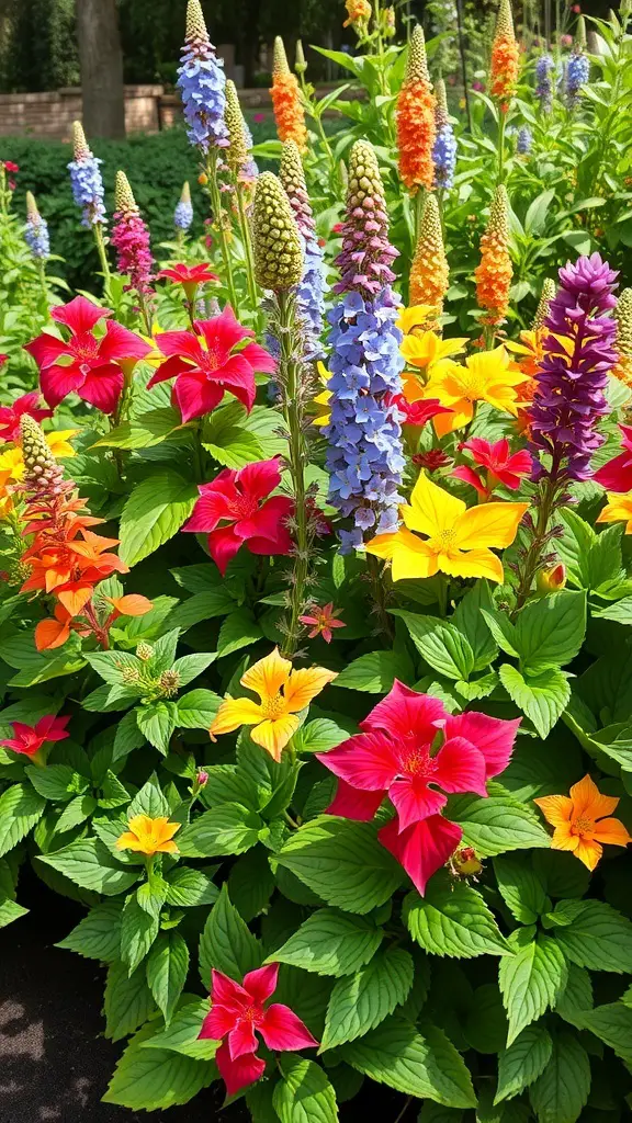 21+ Stunning Full Shade Landscaping Ideas for Your Garden 5 A colorful display of flowers in a garden, showcasing vibrant reds, yellows, blues, and greens.