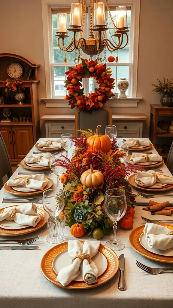21+ Cozy Fall Mood Board Ideas for the Ultimate Autumn Vibe 17 A beautifully arranged Thanksgiving table setting with autumn decorations, pumpkins, and elegant tableware.