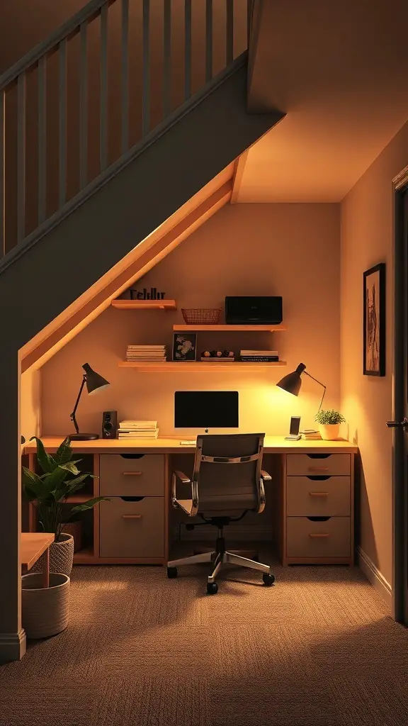 25+ Creative Under Stairs Storage Ideas for Every Home 8 A cozy compact home office setup under the stairs with a desk, computer, and warm lighting.