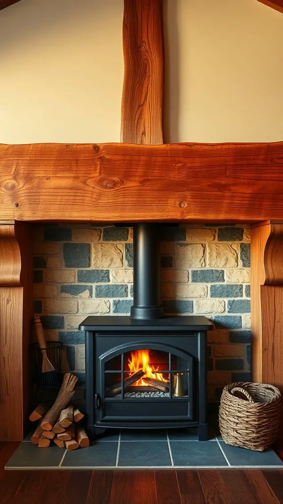 29+ Stunning Wood Stove Fireplace Surround Ideas to Warm Up Your Home 3 A cozy fireplace with a natural wood beam mantel and a modern wood stove, surrounded by stacked firewood and a woven basket.