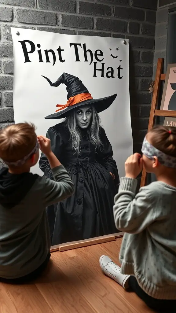 19+ Exciting Halloween Carnival Games for Spooktacular Fun 15 Two children preparing to play Pin the Hat on the Witch game, focused on a witch poster.