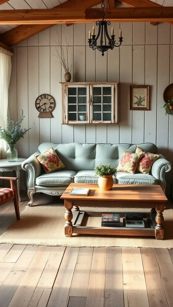 27+ Vintage Farmhouse Living Room Ideas for Cozy Charm 6 A vintage farmhouse living room featuring a blue sofa, wooden coffee table, and antique decor.