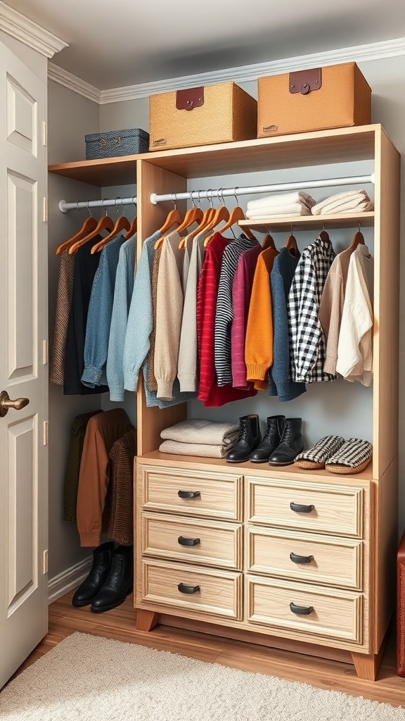 25+ Stylish Closet Ideas Featuring Dressers Inside 17 A well-organized closet featuring a dresser with folded clothes and hanging garments.