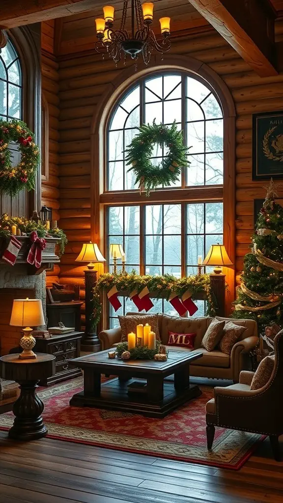 27+ Stylish Ralph Lauren Christmas Decor Pieces You Need This Holiday Season 2 Cozy rustic lodge decorated for Christmas with wooden beams, stone fireplace, and Christmas trees.