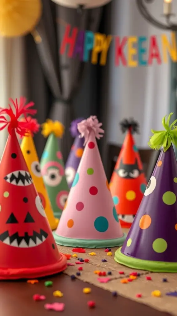 Colorful monster-themed party hats on a table, decorated with playful designs and bright colors.