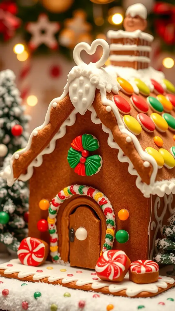 27+ Festive Christmas Painting Ideas to Inspire Your Holiday Spirit 9 A beautifully decorated gingerbread house with colorful candies and icing, surrounded by snowy trees.