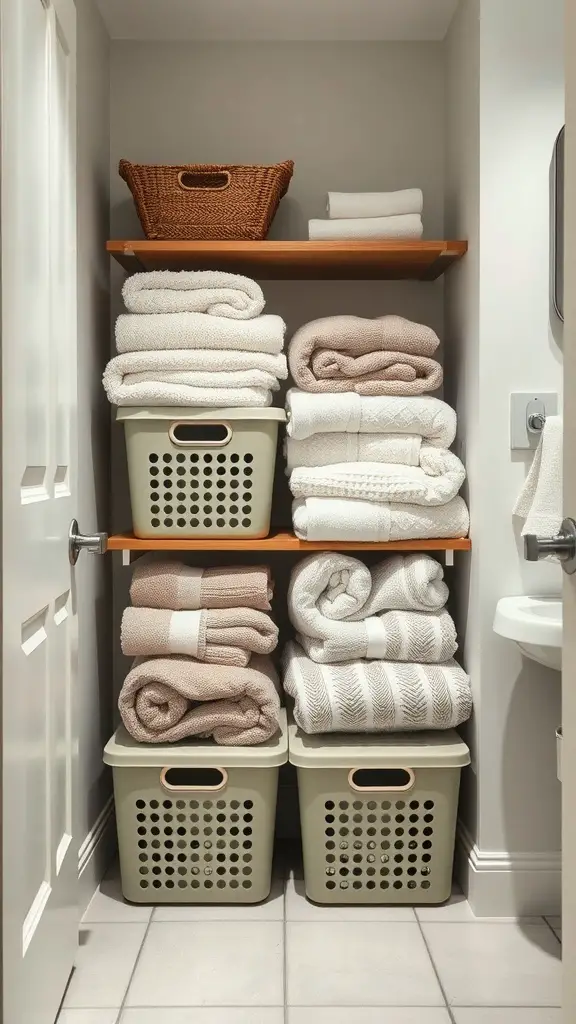 Neatly organized stackable storage bins filled with towels in a small bathroom.
