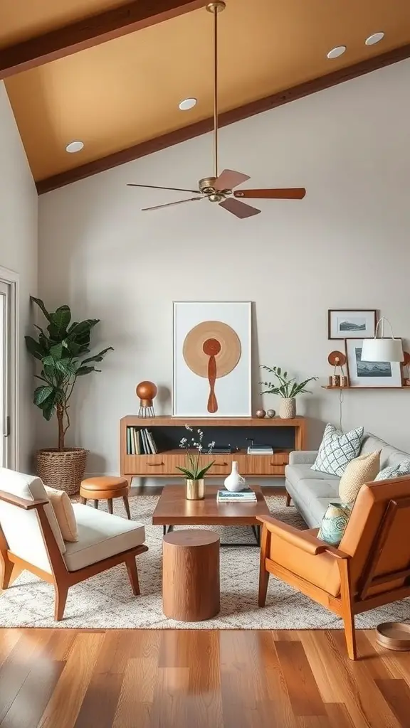 A mid-century modern living room with personalized touches, including family photos, plants, and cozy textiles.