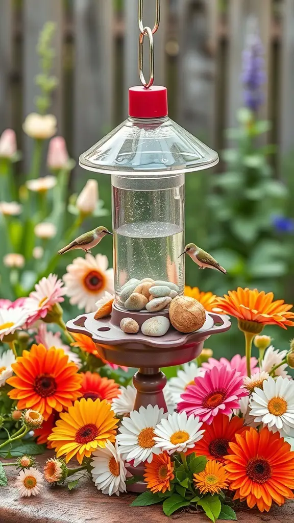 A decorative hummingbird feeder surrounded by colorful flowers and stones.