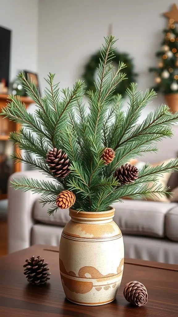 A vase with pine branches and pine cones on a wooden table in a cozy living room.