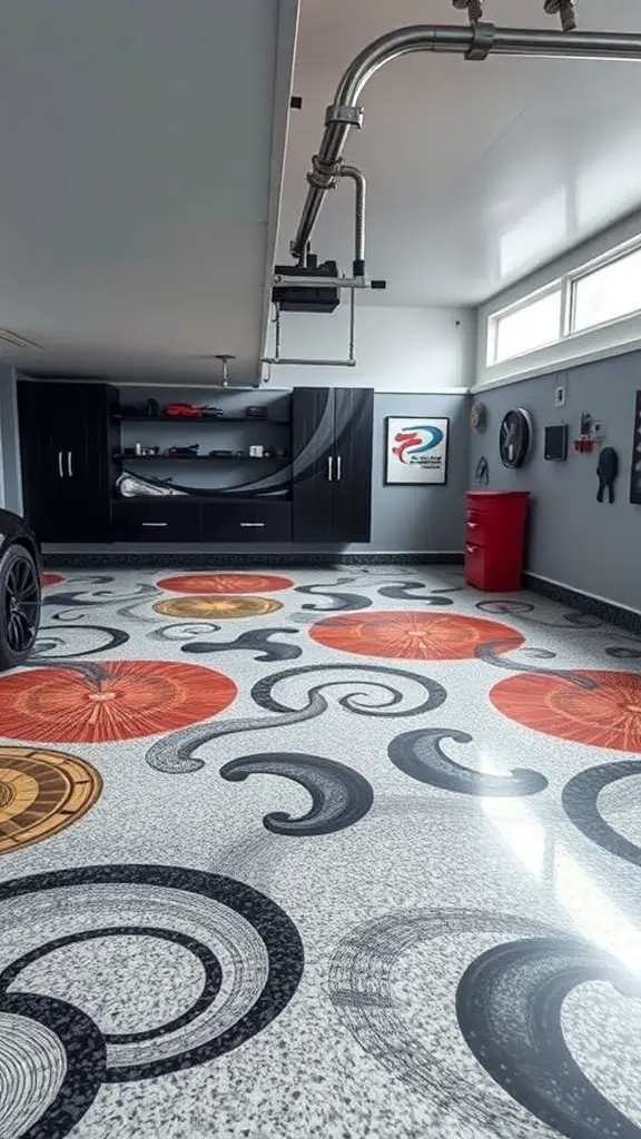 Artistic epoxy garage floor with colorful patterns and designs