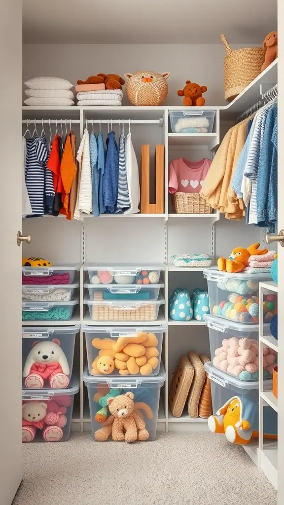 A well-organized kids closet featuring clear storage bins filled with toys and clothes.