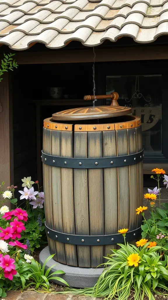 A wooden rain barrel surrounded by colorful flowers in a garden setting.