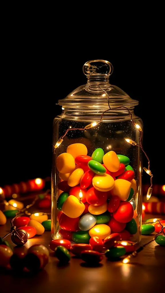 A glass candy jar filled with colorful candies and fairy lights glowing around it