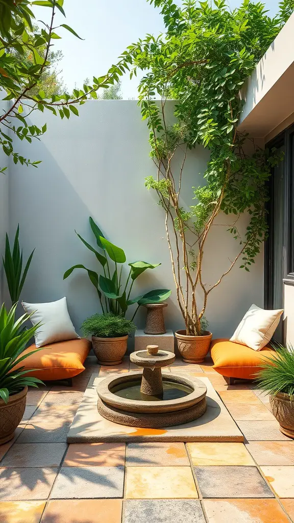 17 Stylish Patio Furniture Layout Ideas for Your Outdoor Space 3 A serene patio with low seating, a water feature, and lush greenery.