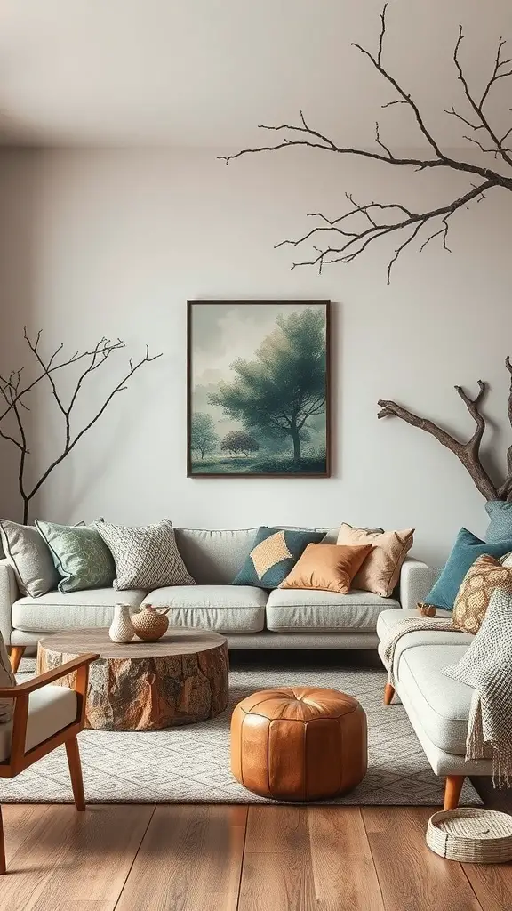 A cozy living room featuring nature-inspired decor with soft cushions, a wooden coffee table, and branches on the walls.