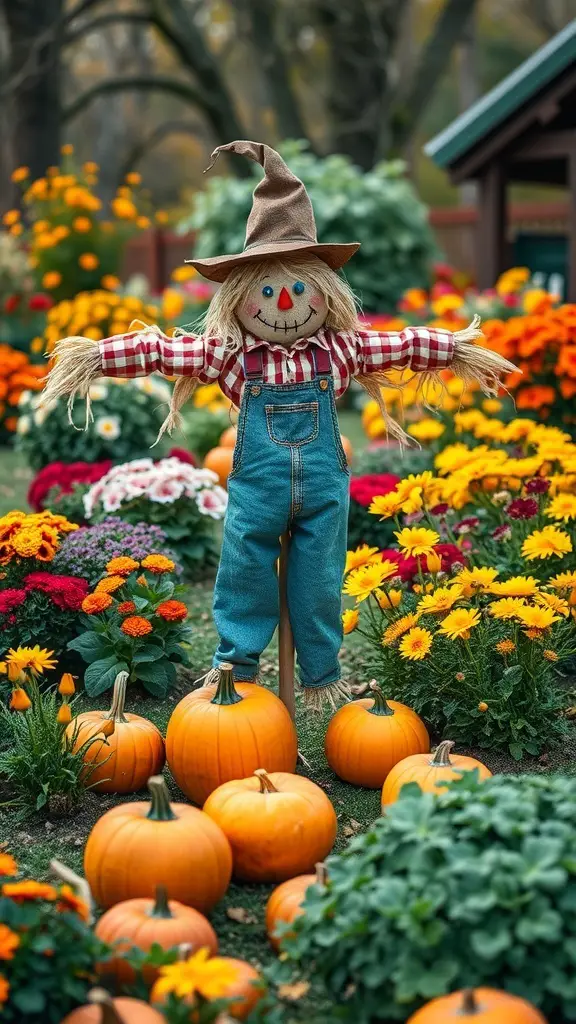 29+ Creative Fall Outdoor Decor Ideas to Transform Your Space 11 A cheerful scarecrow in a flower garden surrounded by pumpkins.