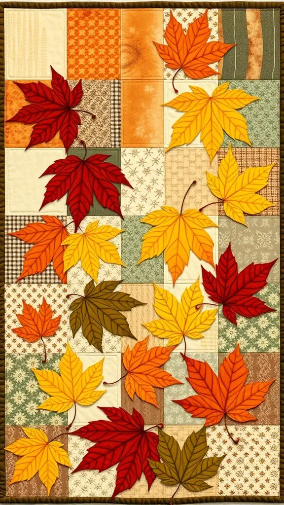 A patchwork quilt featuring various fabric squares and colorful autumn leaves.