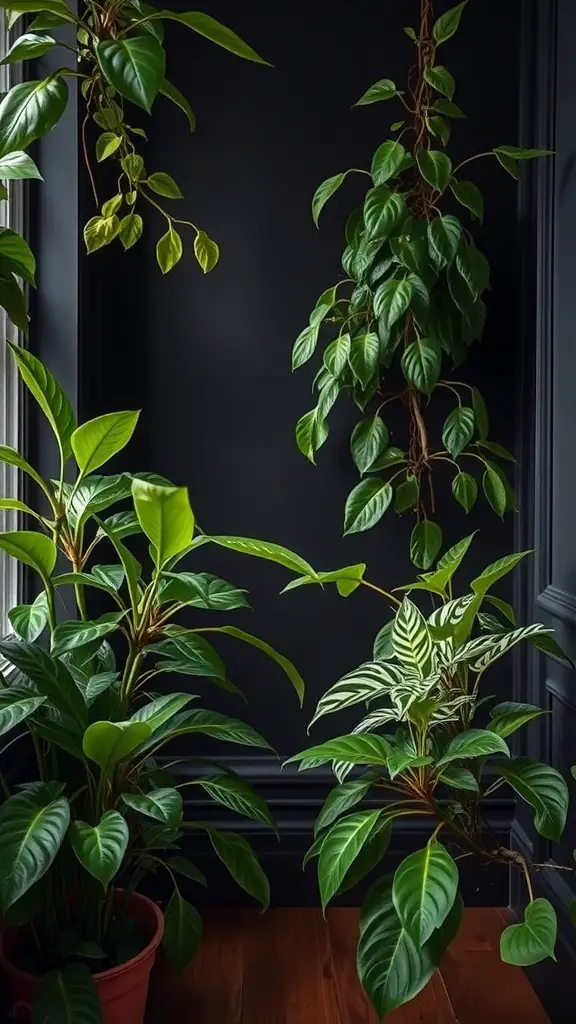 35+ Essential Dark Academia Decor Ideas for a Cozy Aesthetic 13 A collection of green plants against a dark wall, showcasing the beauty of greenery in dark spaces.