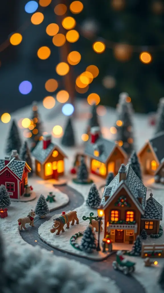 37+ Festive Christmas Room Decor Ideas to Transform Your Space 20 A cozy Christmas village display with illuminated houses, snowy paths, and festive decorations.