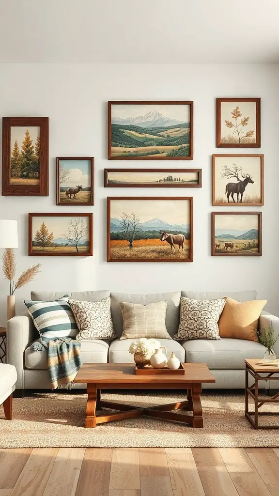 A cozy living room with country-inspired wall art featuring landscapes and wildlife.
