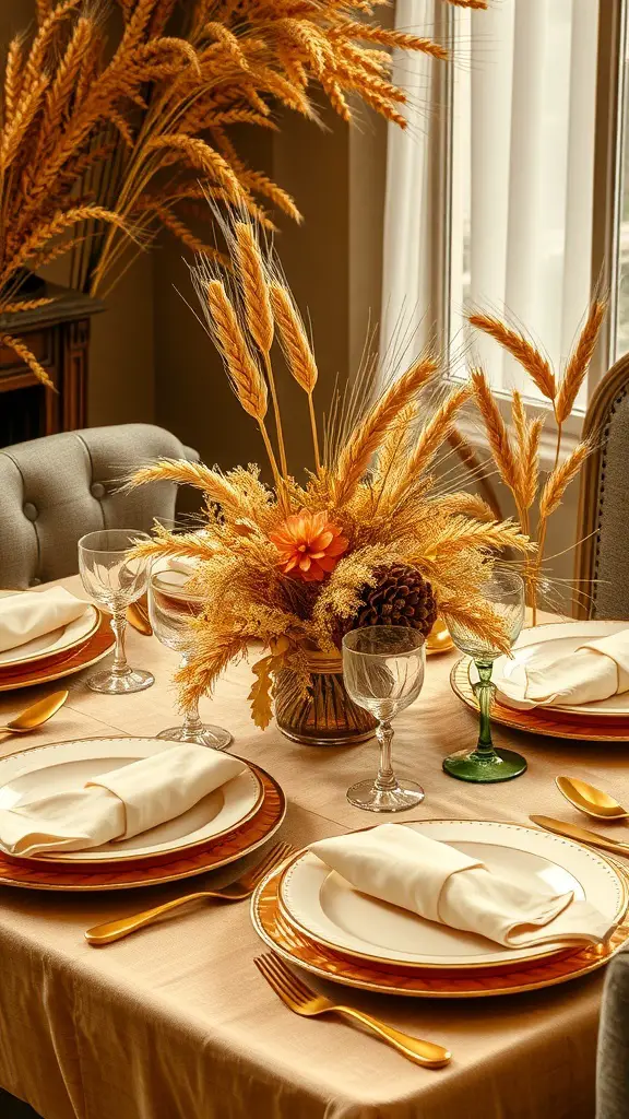 29+ Creative Thanksgiving Party Decorations You Need to Try 14 A beautifully set Thanksgiving table featuring golden plates, elegant glassware, and a centerpiece of dried wheat and flowers.
