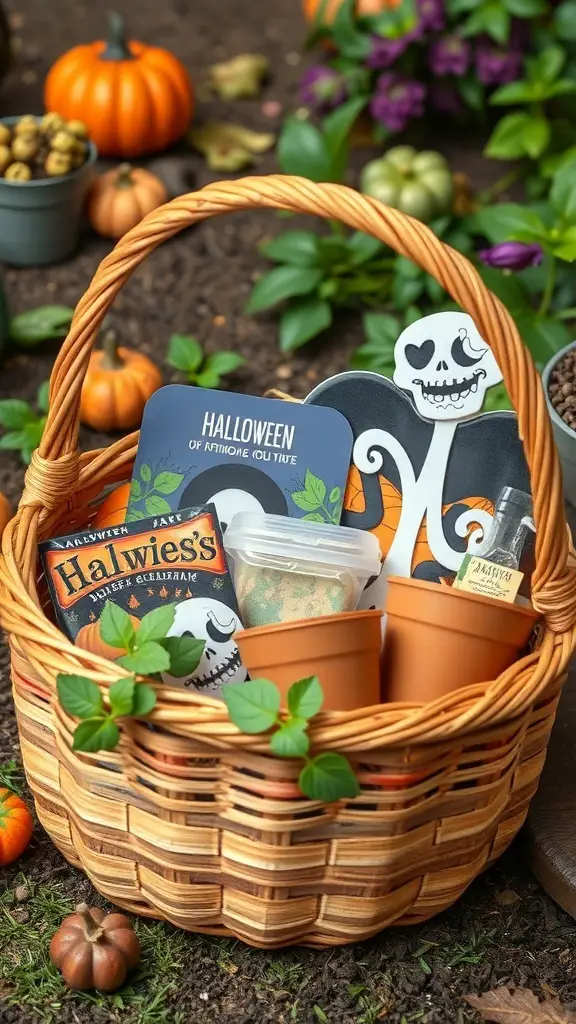 27+ Creative Boo Basket Ideas for a Spooktacular Surprise 21 A wicker basket filled with gardening supplies and Halloween-themed items, including terracotta pots and spooky decorations.
