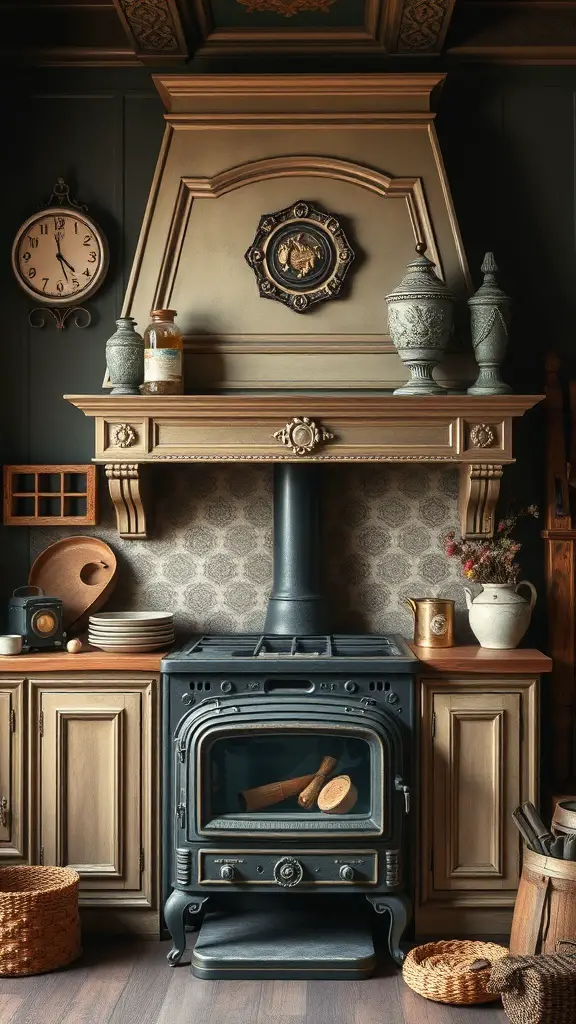 29+ Stunning Wood Stove Fireplace Surround Ideas to Warm Up Your Home 16 A vintage wood stove fireplace surround with antique finishes, featuring a detailed mantel, decorative vases, and a vintage clock.