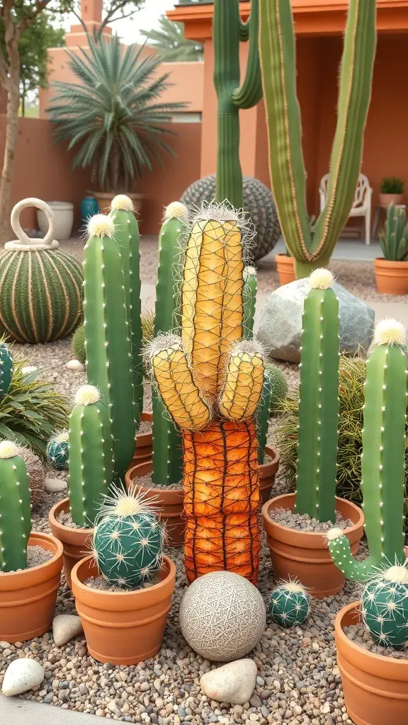 Colorful faux cacti in terracotta pots arranged in a Southwestern landscape