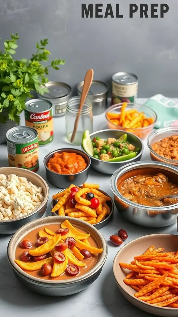 A colorful spread of meal prep containers filled with various dishes, showcasing canned foods.