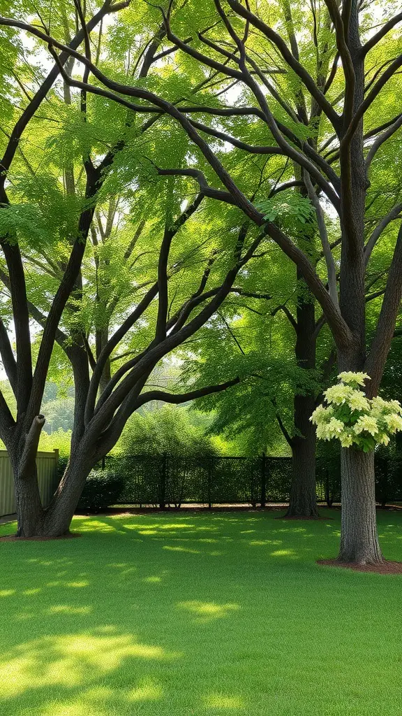 A lush green yard with tall trees providing natural privacy barriers.