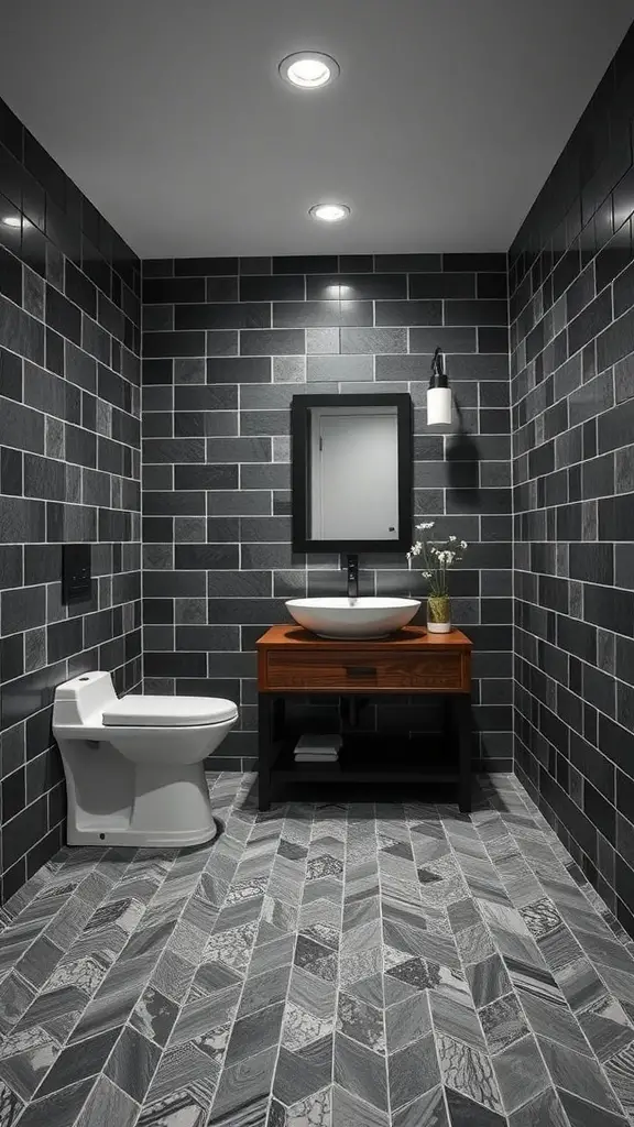 27+ Dark and Moody Powder Room Decor Ideas for a Chic Makeover 10 A dark moody powder room with gray tiled walls and herringbone patterned floor.