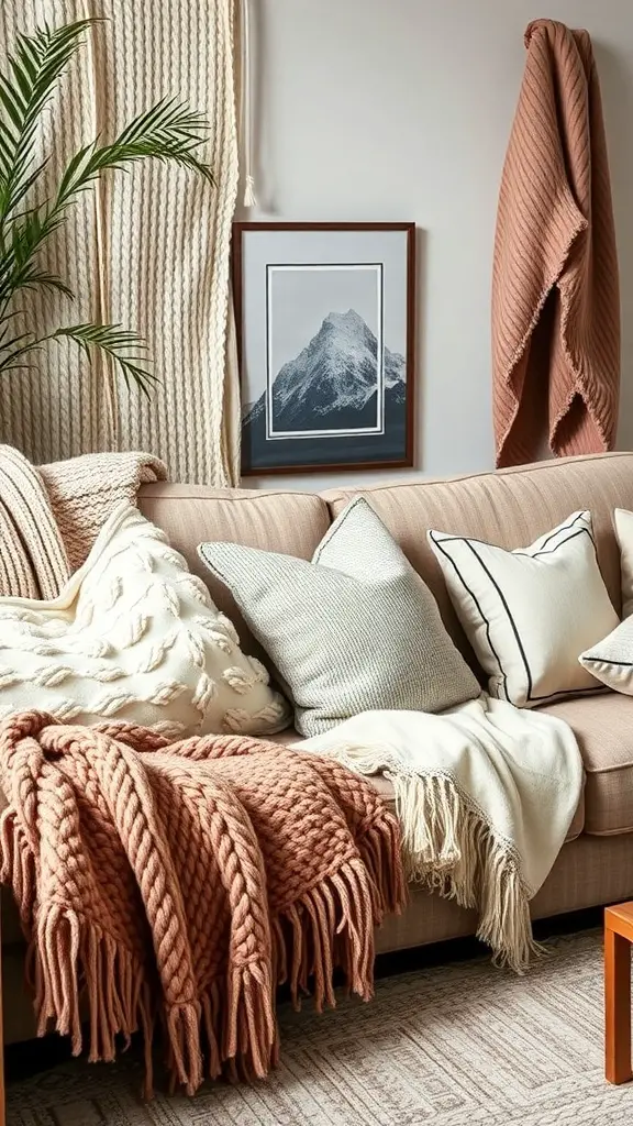25+ Stunning Items to Achieve a Stockholm-Style Room Makeover 12 A cozy living room with a sofa covered in various textured pillows and throws, featuring a plant and a mountain picture on the wall.