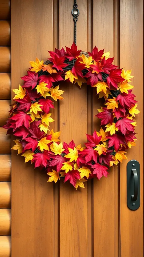 29+ Elegant Fall Wreaths to Enhance Your Home Decor 11 A wreath made of red, orange, and yellow maple leaves hanging on a wooden door.