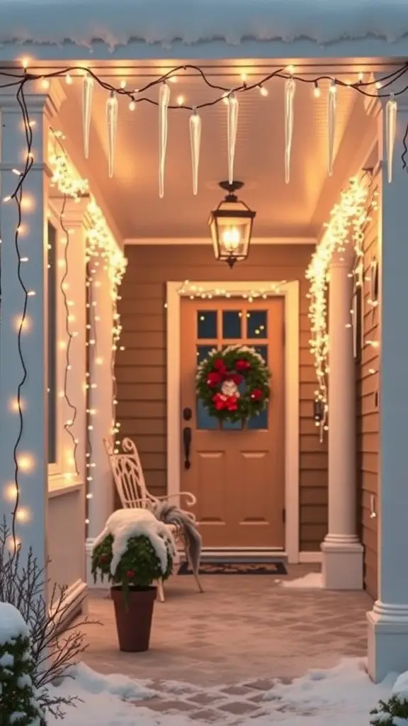23+ Festive Front Porch Christmas Decor Ideas You’ll Love 19 A front porch decorated with glistening icicle lights, a festive wreath, and snow-covered plants.