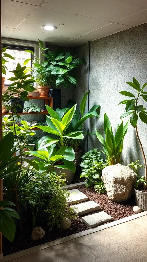 27+ Creative Open Basement Ideas You’ll Love 20 Indoor garden with various plants, stones, and natural elements in a basement setting.